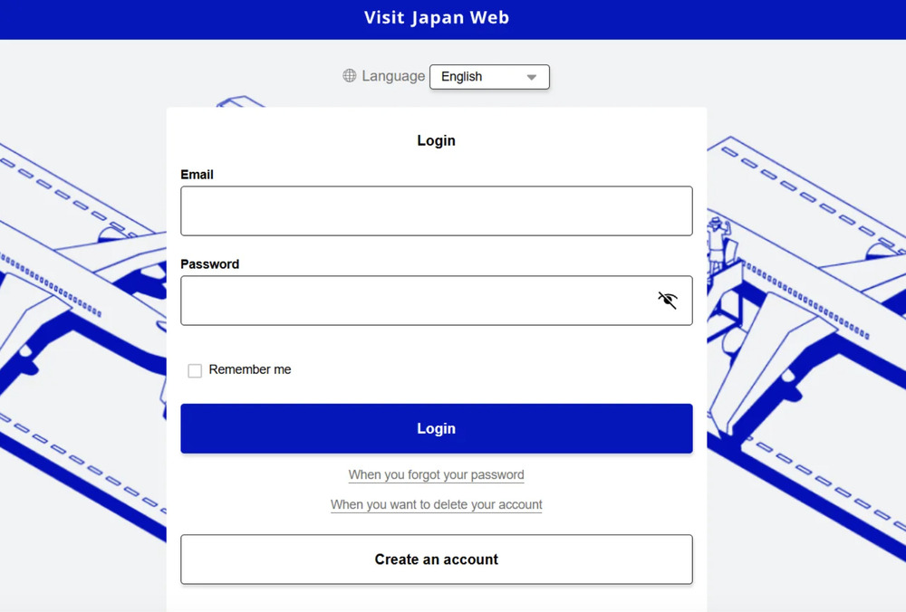 หน้าจอเข้าสู่ระบบ Visit Japan Web แสดงช่องกรอกอีเมล รหัสผ่าน และปุ่ม Login สำหรับลงทะเบียนข้อมูลก่อนเดินทางเข้าประเทศญี่ปุ่น