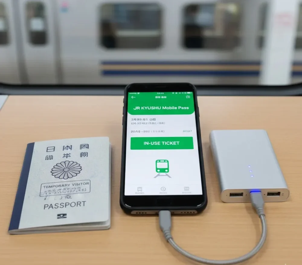 พาสปอร์ต โทรศัพท์มือถือแสดงตั๋ว JR Kyushu Mobile Pass และพาวเวอร์แบงค์วางบนโต๊ะในสถานีรถไฟญี่ปุ่น สื่อถึงการเตรียมอุปกรณ์ก่อนเดินทาง